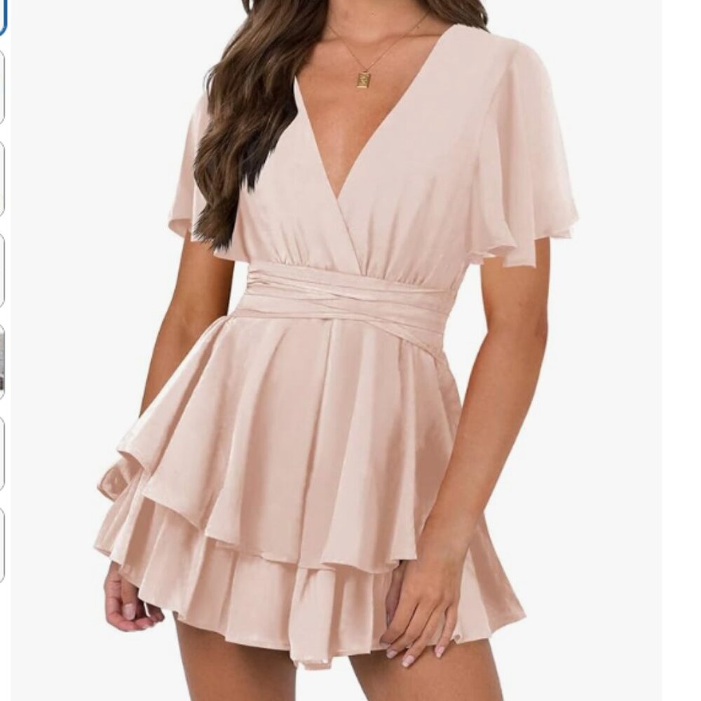 Pink Deep V Short Sleeve Tie Waist Ruffle Hem Flowy Swing Mini Wrap Dress, Med